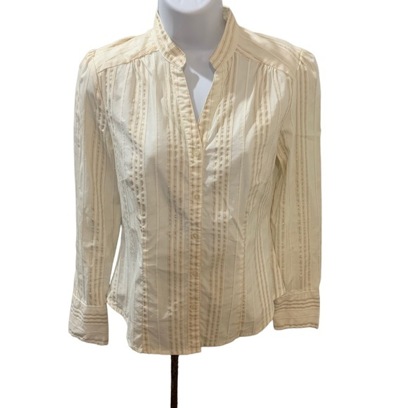 Y2k‎ Attention Long Sleeve Women Size Small Stripped Blouse w Gold Thread Cream - Picture 1 of 10